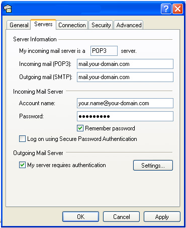 Outlook Express Screen display for server settings